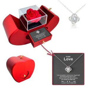 Red Jewellery Box with Necklace and Artificial Rose - Perfect Gift for Her