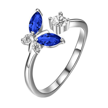 Blue Sapphire Crystal Butterfly Ring - 925 Sterling Silver