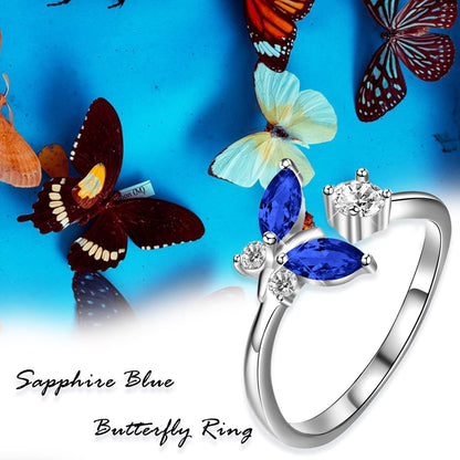 Blue Sapphire Crystal Butterfly Ring - 925 Sterling Silver